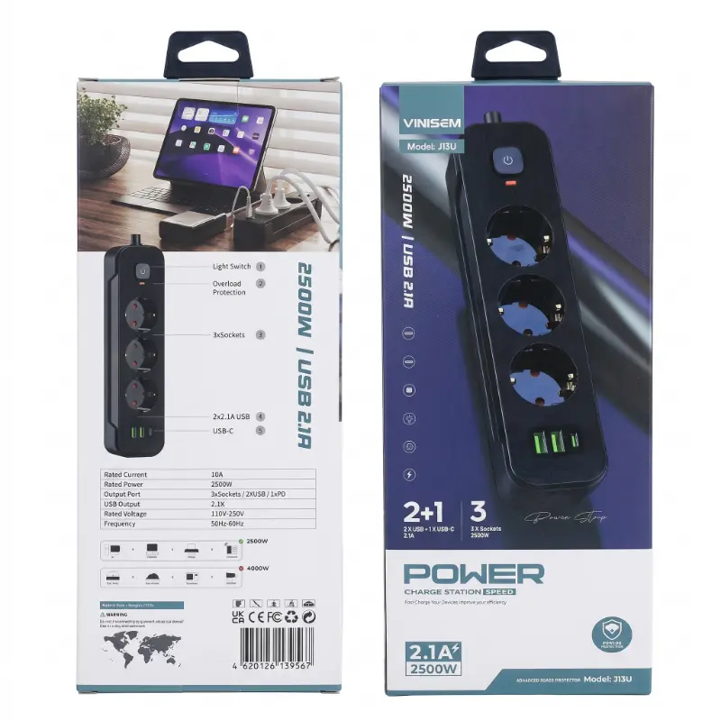 VINISEM J13U Power Strip with USB-A and USB-C
