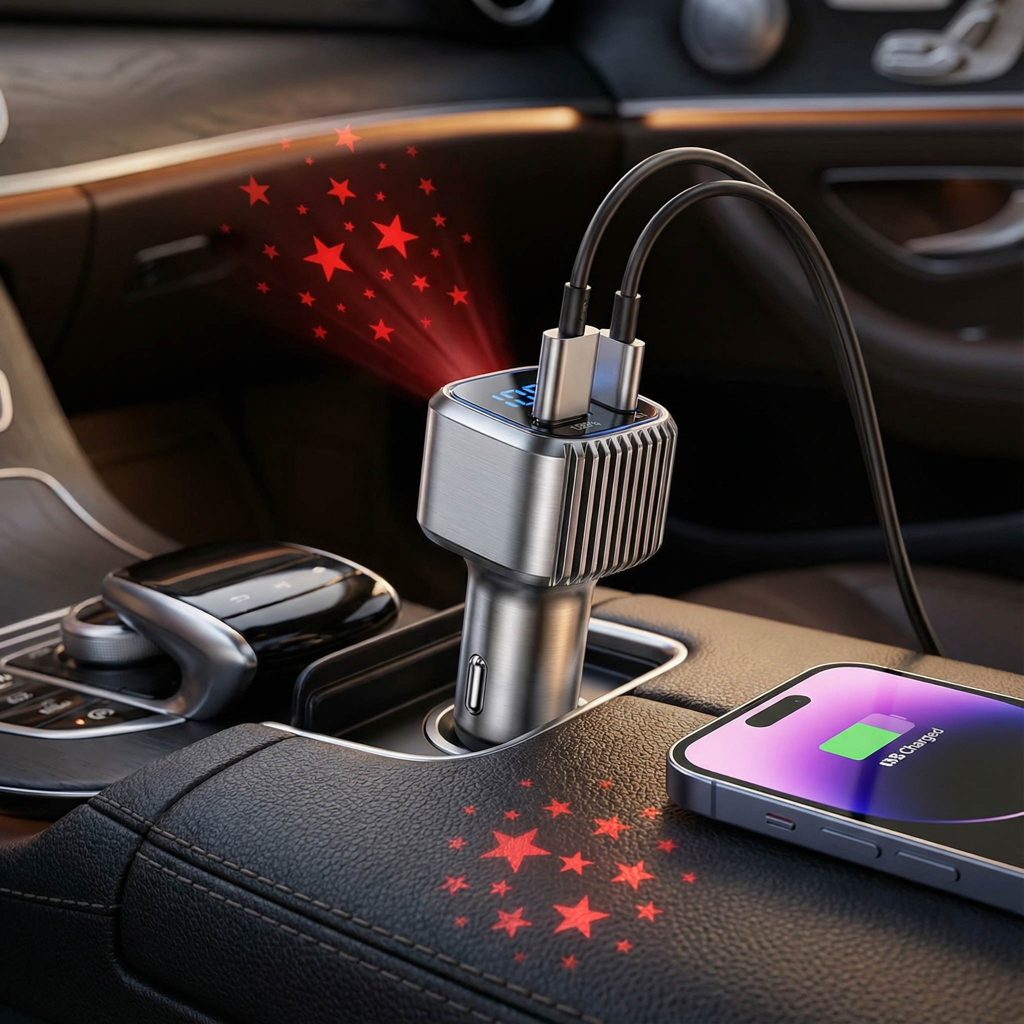 شاحن سيارة سريع بسلكين مدمجين قابلين للسحب مع إضاءة سقفية