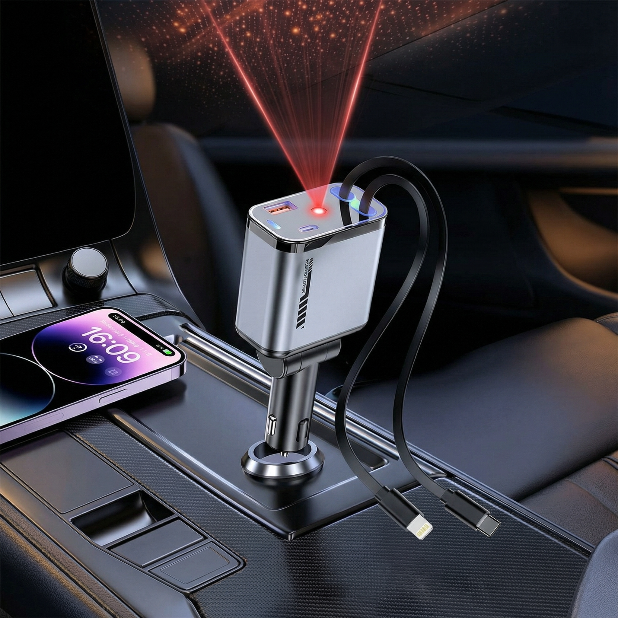 شاحن سيارة سريع بسلكين مدمجين قابلين للسحب مع إضاءة سقفية