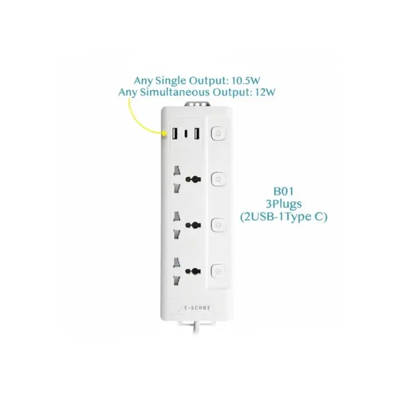 X-Scoot مشترك كهرباء ذكي 3 مقبس، 2 USB، تايب سي، شحن سريع، كابل 2 متر - أبيض XS-516