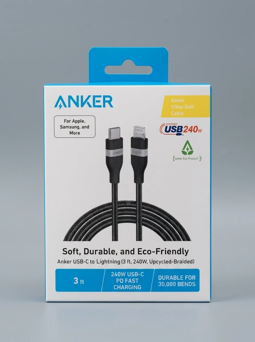 كابل شحن Anker المضفر (Type-C إلى Lightning) بقوة 240W: سرعة خارقة ومتانة تدوم طويلاً