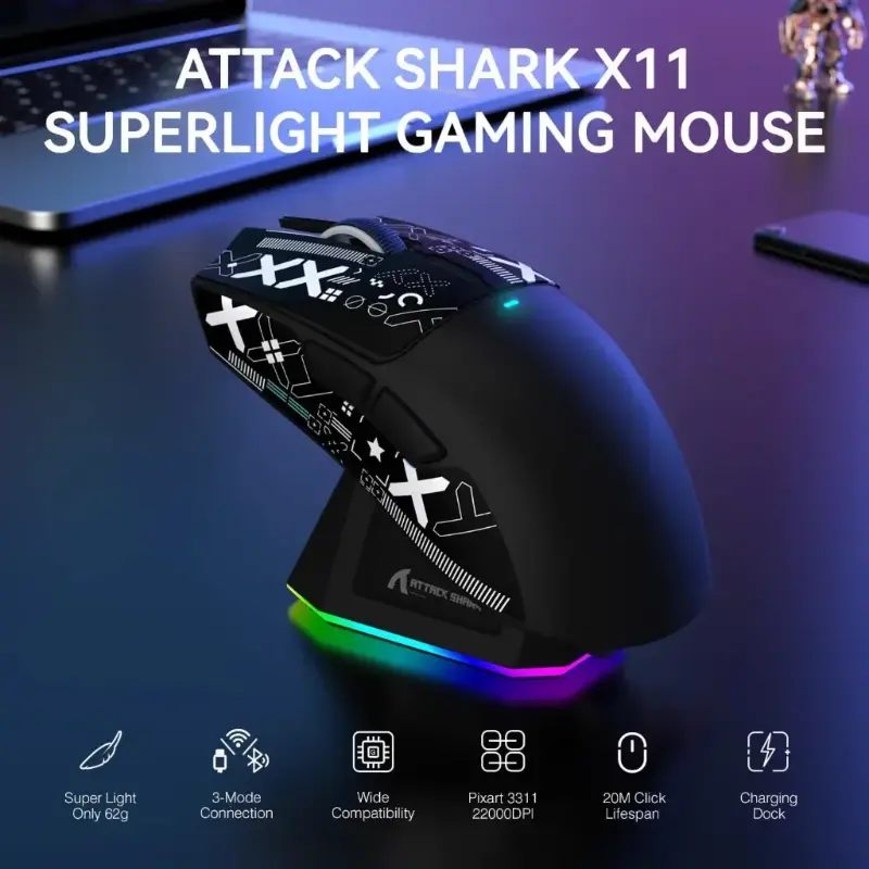 ماوس جيمنج Attack Shark X11 وايرلس - حساس 22K DPI مع قاعدة شحن RGB (ثلاثي الأوضاع)
