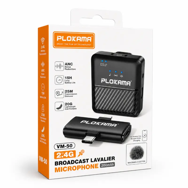ميكروفون لاسلكي احترافي بلوكاما PLOKAMA VM-50 للموبايل | عزل ضوضاء ANC، بطارية 15 ساعة، منفذ شحن للموبايل أثناء التصوير